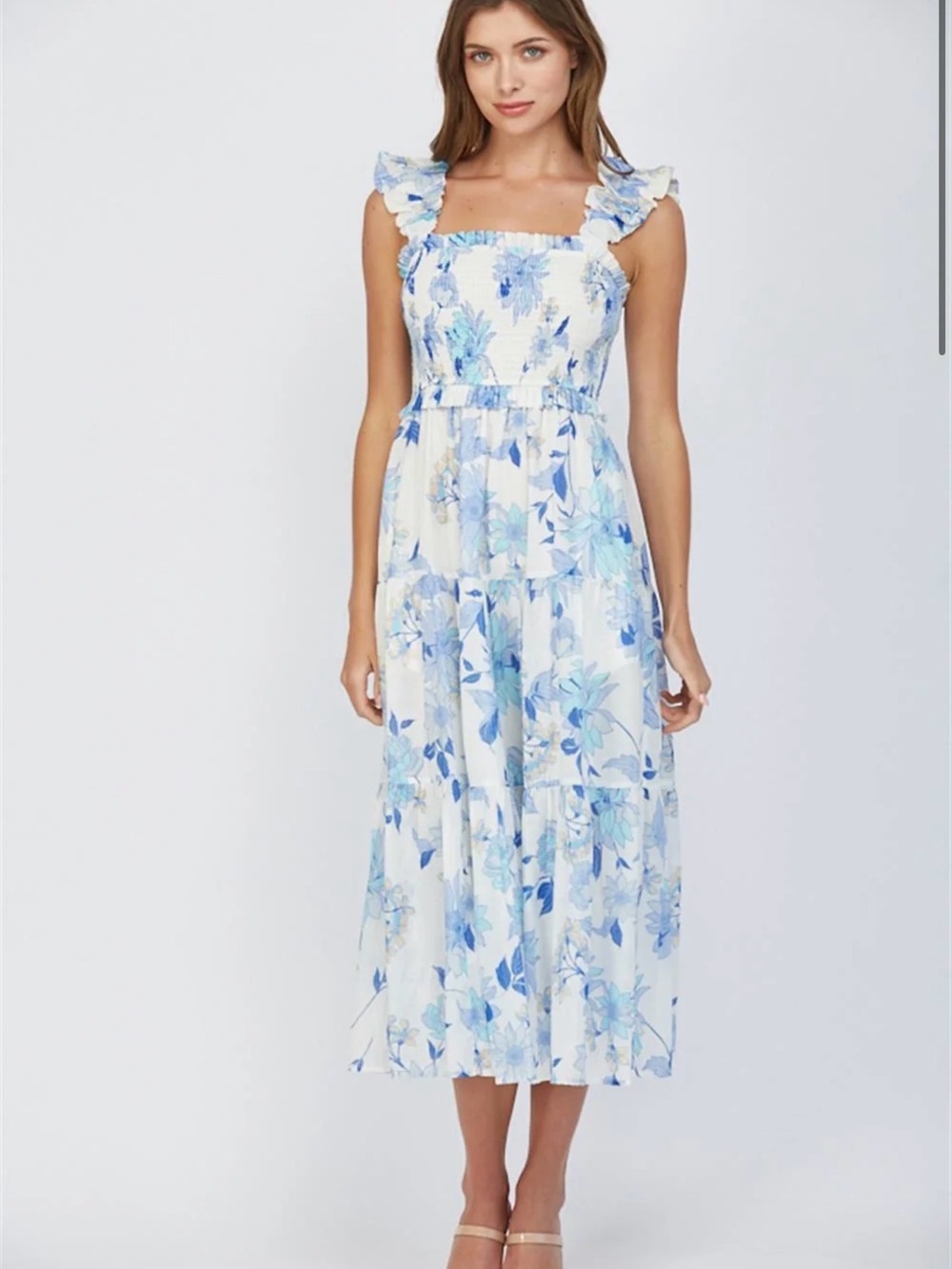 Fate White Midi Dress with Blue Floral Print and Ruffled Straps